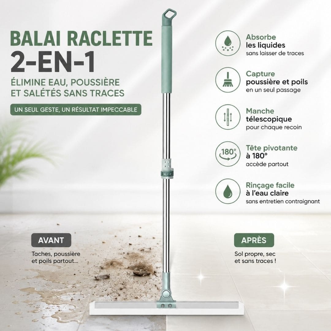 Balai raclette 2-en-1 – Élimine eau poussière, poils, et saletés sans traces