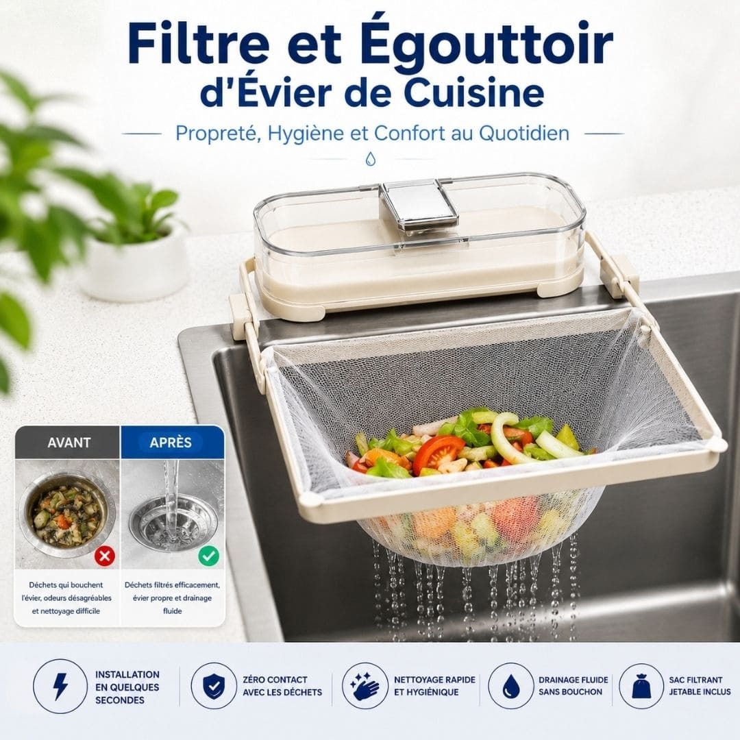 Filtre évier anti-bouchon – Nettoyage sans effort ni odeur